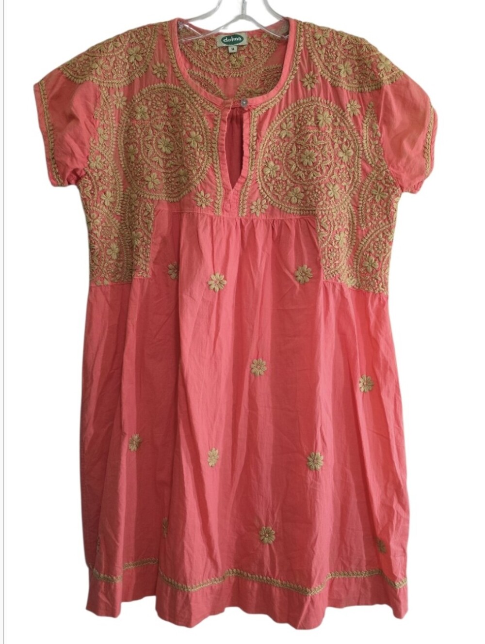 Dolma Salmon Pink Embroidered Mini Dress Medium Keyhole Neck